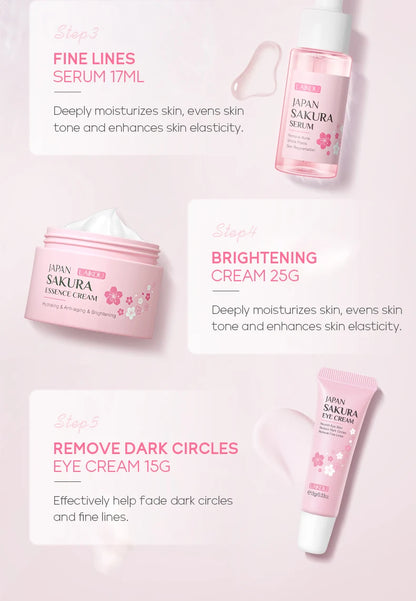 LAIKOU Japan Sakura Skin Care Set Serum Rejuvenating Cream Glowing Moisturizer Fade Blemishes 5pcs