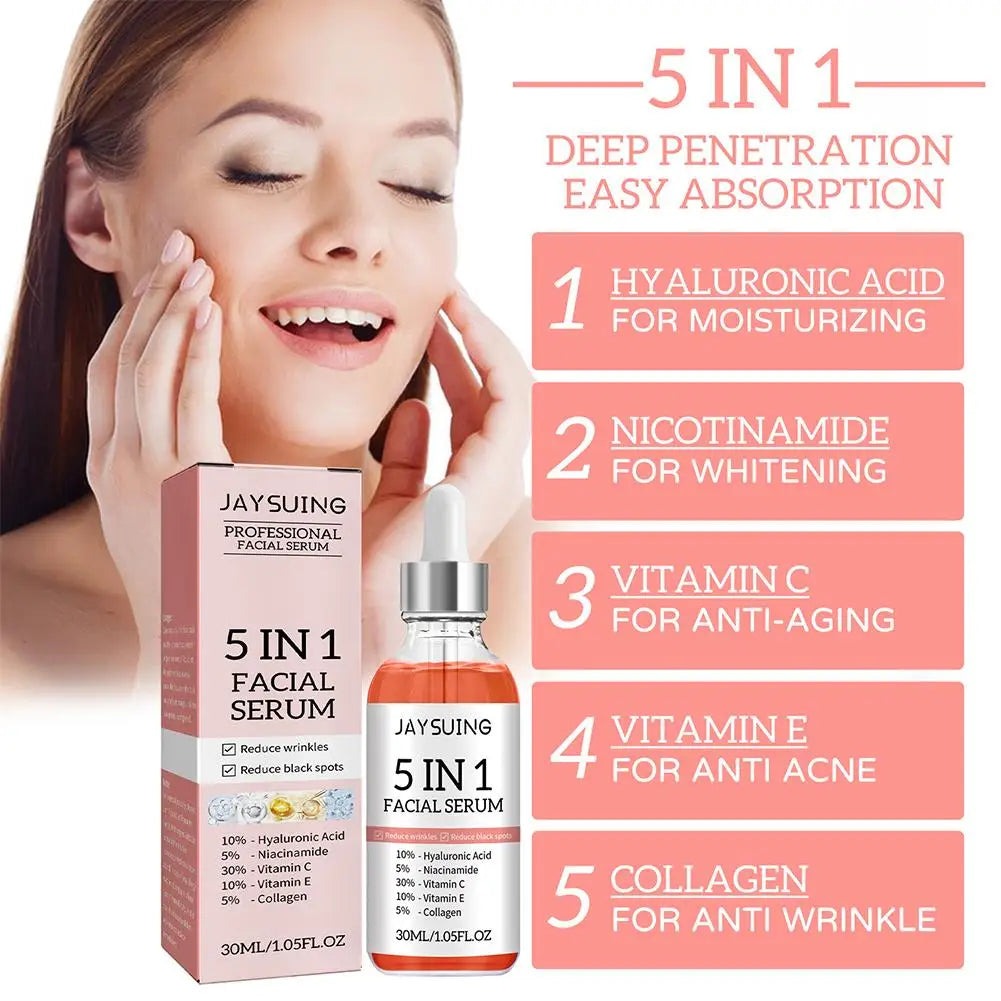 Anti Wrinkle Face Serum 5In1 Fade Spots Facial Serum Hyaluronic Acid,Collagen,Niacinamide,Vitamin C & E Skin Care Liquid 2/1pcs