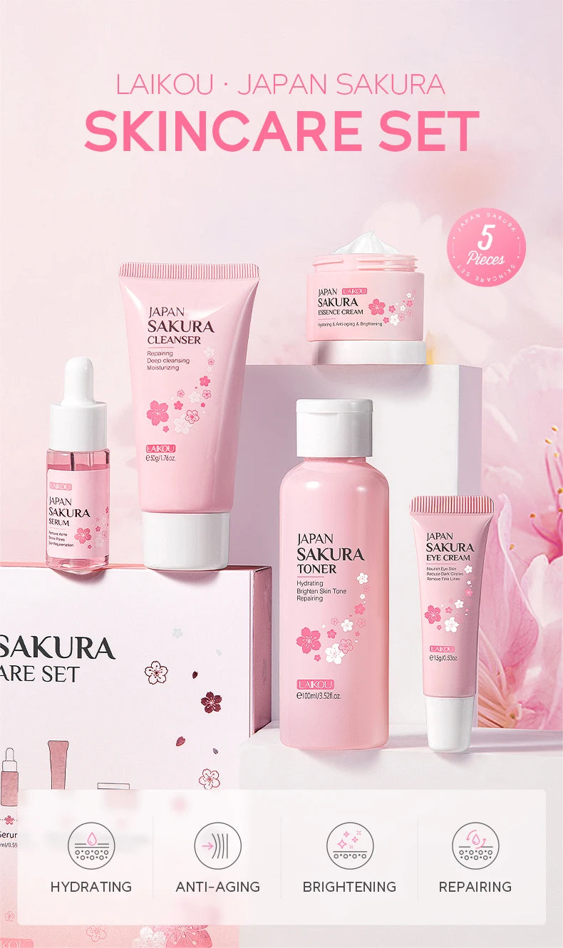 LAIKOU Japan Sakura Skin Care Set Serum Rejuvenating Cream Glowing Moisturizer Fade Blemishes 5pcs