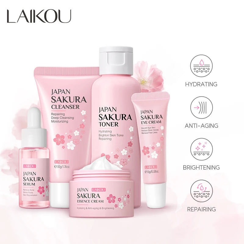 LAIKOU Japan Sakura Skin Care Set Serum Rejuvenating Cream Glowing Moisturizer Fade Blemishes 5pcs